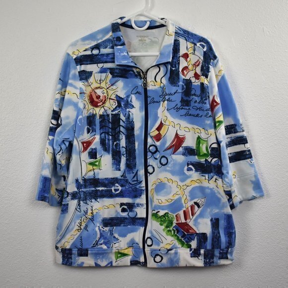 Allison Daley 3/4 Sleeve Full Zip Jacket Nautical Pattern Size PL Gently Used - Picture 2 of 6